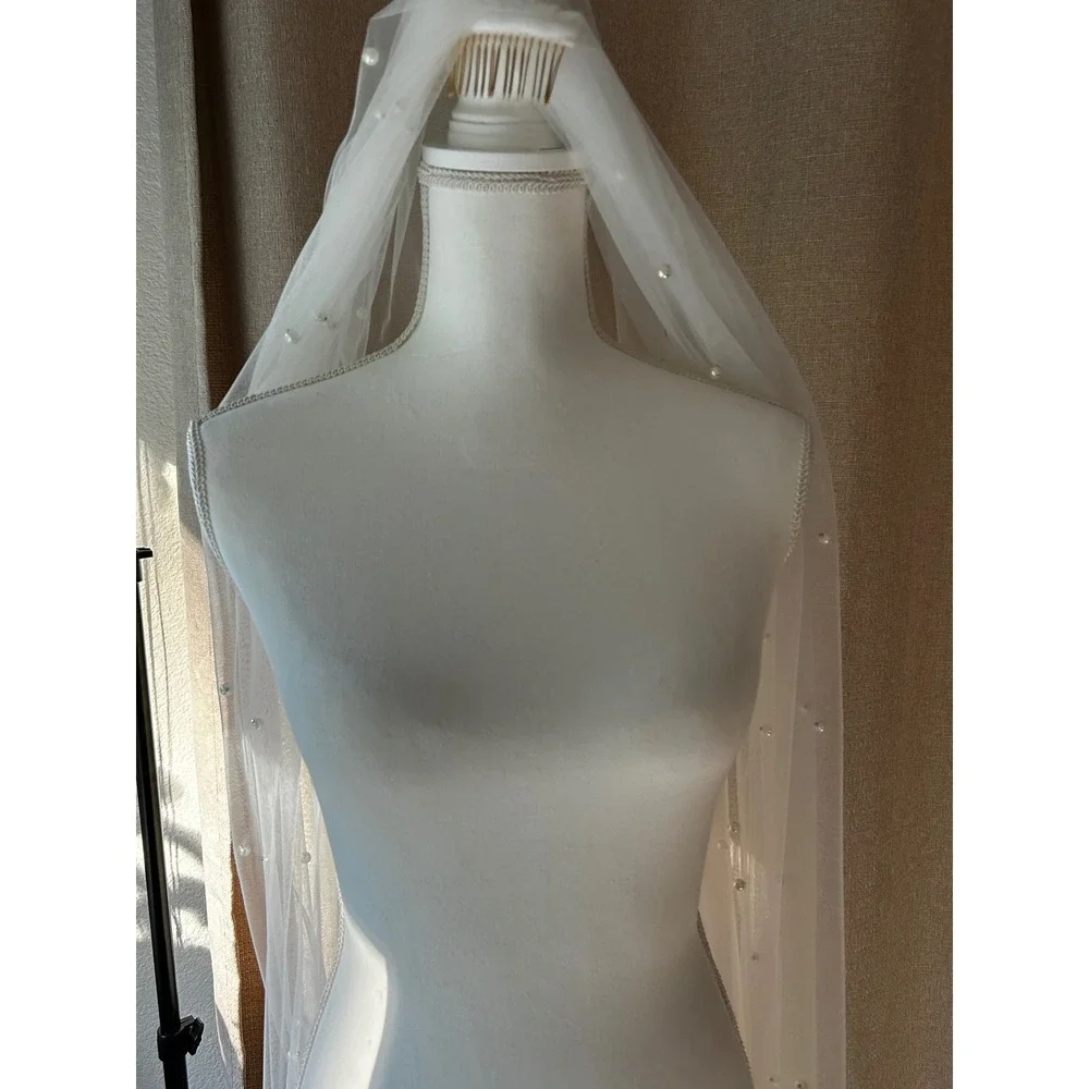Cathedral Pearl Bridal Veil | Hand-Stitched Ivory Tulle | Pearl Wedding Veil
